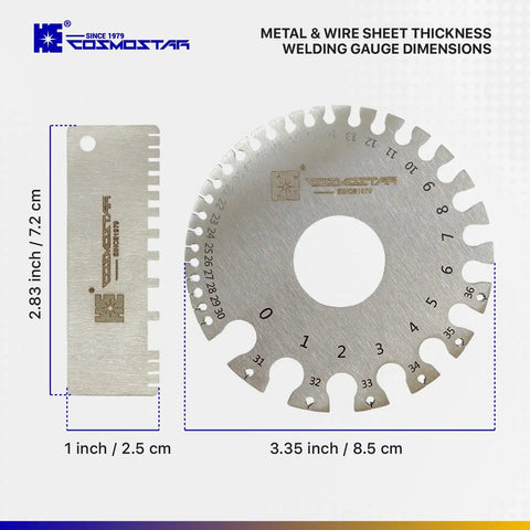 Precision Welding Gauge Set For Dead On Wire And Sheet Thickness 25 To 3000 Um Wet Film Comb And Dual Sided Round Wire Cable Gauge Stainless Steel Two Pack By Cosmostar dimensions showing both gauges with measurements.