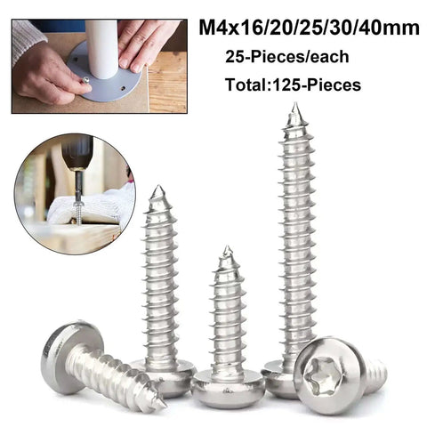 125 Piece Torx Pan Head Stainless Wood Screws Set With T20 Bit M4 X 16 20 25 30 40 mm shown with screws and installation