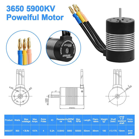 3650 5900KV Sensorless Brushless RC Motor 120A ESC and Program Card Set, waterproof design, technical specifications shown
