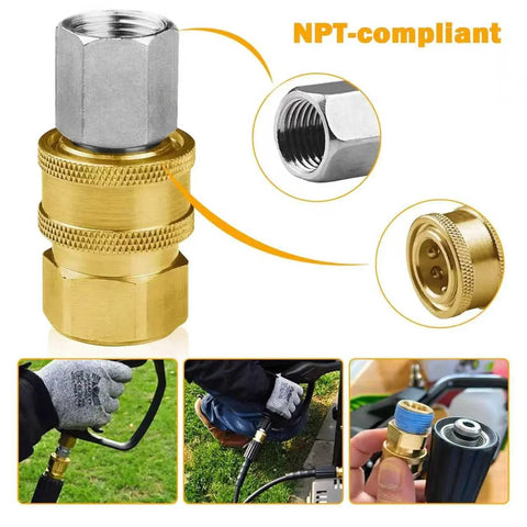 Eight Pack One Quarter Inch NPT Stainless Steel Quick Connect Fittings For Pressure Washers, Male And Female Internal Thread Adapters, Five Thousand PSI, Durable Rust Resistant, shown in use and close-up view.