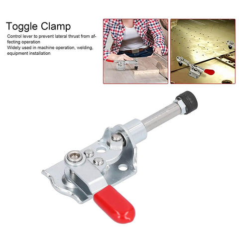 Front view of Push Pull Toggle Clamp With Quick Release, Heavy Duty Hand Tool For Jigs And Part Holding, 40Kg Capacity, Stainless Steel Construction.