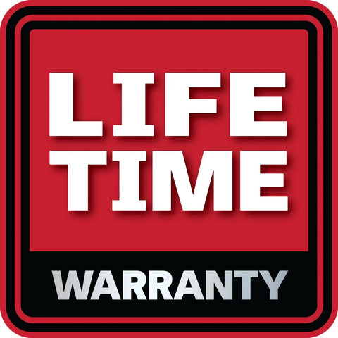 Lifetime warranty badge with red background, black border and white text