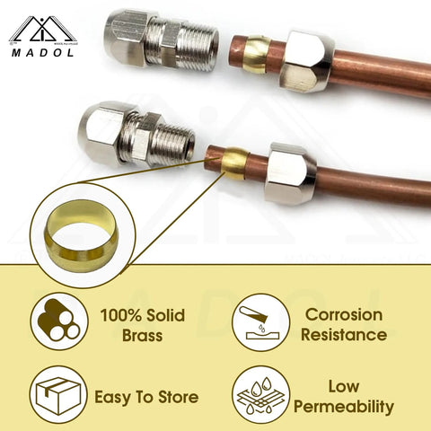 Brass compression fitting with ferrule sleeve for 5/8 in tube OD, copper refrigeration line, two-piece set