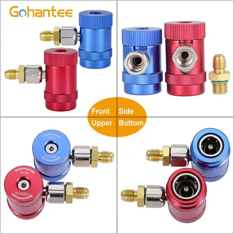 Pro Grade R1234yf Quick Coupler Adapters for AC Diagnostics and Charging, high and low side connectors in brass, front and side views