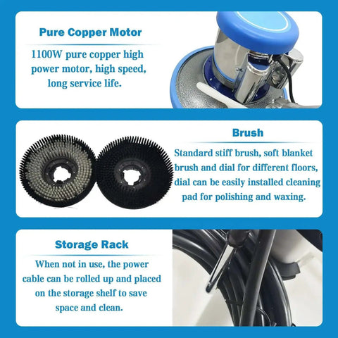 Pro Grade Heavy Duty 17 Inch Floor Polisher And Buffer Machine with copper motor, brush heads, storage rack shown
