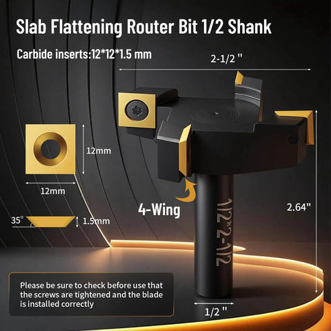 Heavy Duty Slab Flattening Router Bit With One Half Inch Shank And Two And One Half Inch Cutting Diameter, Four Wing Coated Carbide Inserts For CNC Spoilboard Surfacing
