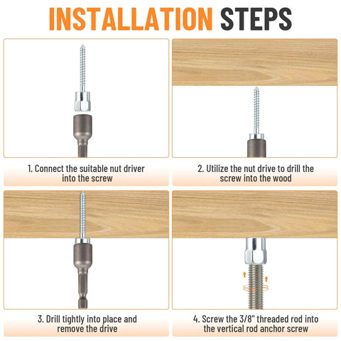 Installation guide for Three Eighths Inch Vertical Rod Anchor Screws For Wood with galvanized carbon steel, silver finish