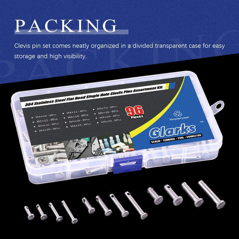 Beefy 64 Piece Clevis Pins Set Assortment Kit 304 Stainless Steel with Flat Head Single Hole in packaging and display.