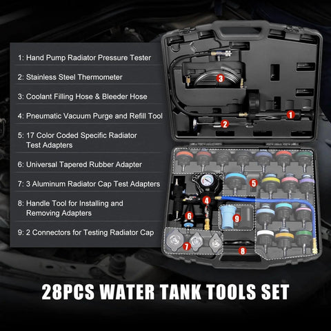 All In One Radiator Coolant Pressure Tester and Vacuum Refill Tool Kit Ready to Roll Pro Grade 28 Piece Automotive Cooling System Leak Test and Pneumatic Purge Fill Set with Testing Adapters and Caps Universal Fit for Cars Trucks SUVs in open case showing tools and adapters.