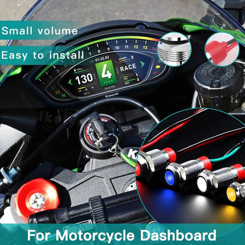 Waterproof 6mm LED Indicator Light 12V 24V Prewired Signal Lamp installed on motorcycle dashboard with color options