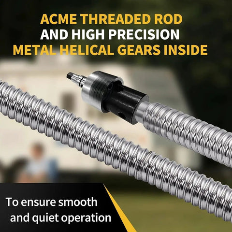 Close-up of acme threaded rod and metal helical gears of 12V Electric RV Tongue Jack With Touchpad Controls 4,000 Lbs Lift 18 In Travel