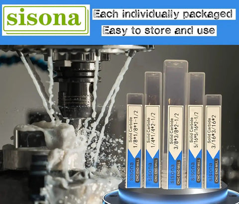 Pro Grade Solid Carbide End Mills Set for Steel Machining, 5pcs CNC milling bits in sizes 1/8" to 3/8", TiSIN coated.