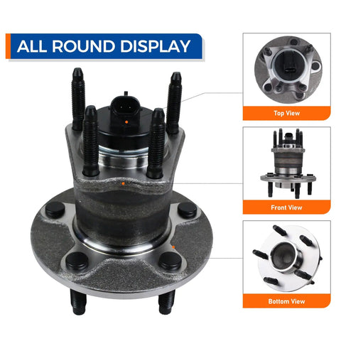 Top, front, and bottom view of Rear Wheel Hub And Bearing Assembly 512285 Compatible With 2009 2010 Chevy Cobalt 2008 2010 HHR