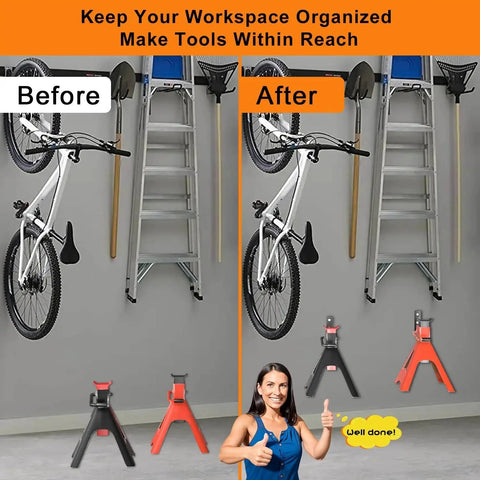 Comparison of garage with and without Heavy Duty Jack Stands Wall Mount Organizer For 2 To 6 Ton Capacity installed on wall.
