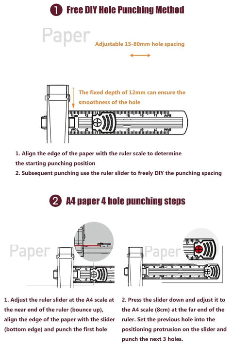 Diagram showing DIY hole punching method and steps for A4 paper using a Handheld One Quarter Inch Hole Puncher With Skid Resistant Base.