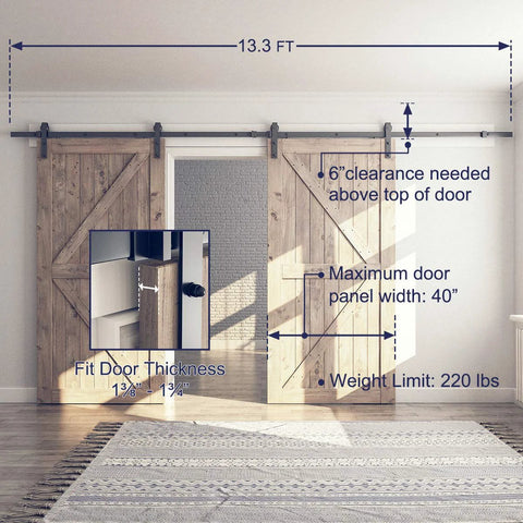 13 Ft Double Barn Door Hardware Kit With Silent Sliding Track Easy Install Fits 36 To 40 Inch Doors J Shape Hangers Black Frosted Finish Heavy Duty One Quarter Inch Carbon Steel Rail Two Piece Design For Ultra Smooth Quiet Operation installed on wood doors in a living room.