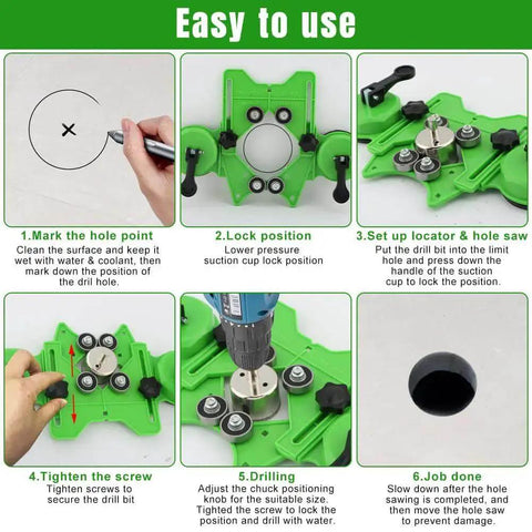 Diamond Hole Saw Kit With Guide Jig And Double Suction Cups For Ceramic Glass Tile And Stone From 0.24 To 1.97 Inches Includes 16 Piece Diamond Drill Bit Set In Sizes 6mm 8mm 10mm 12mm 14mm 16mm 18mm 20mm 22mm 25mm 26mm And 28mm For Precise Holes in use
