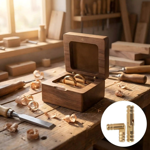 Open wooden jewelry box with rings on workbench, 40 Pcs Mini Brass Barrel Hinges For Wooden Boxes shown in inset.