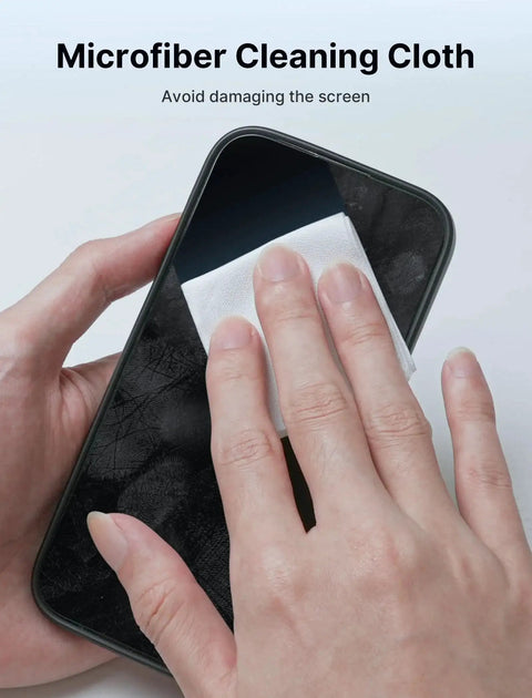 Hand cleaning a smartphone screen with Microfiber Cleaning Cloth Pack 100 For Glasses Screens Cameras Phones Switch