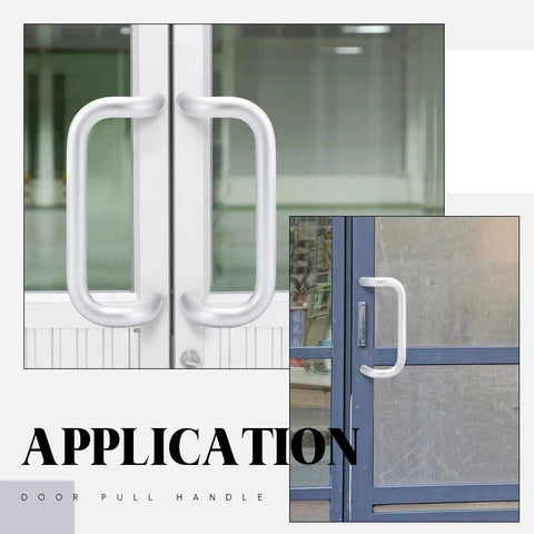 Offset Door Pull Handle 10 Inch Center To Center Length 1 Inch Diameter Aluminum 90 Degree Through Bolt Mount shown installed on doors