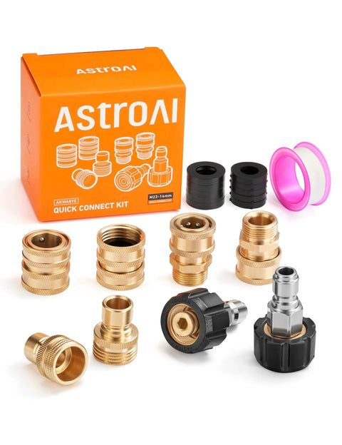Pressure Washer Quick Connect Kit With M22 14mm Swivel, 3/8 Inch And 3/4 Inch Quick Disconnect Adapters shown with packaging