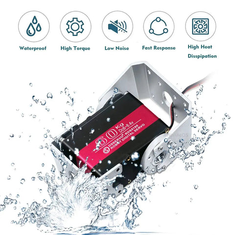 ANNIMOS 60KG robot servo motor with stainless steel gears, red/black housing, mounted on metal bracket.