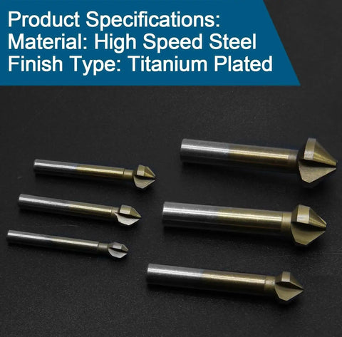 6 Pack 3 Flute 90 Degree Countersink Drill Bit Set Titanium HSS Chamfering Tool displayed on black surface