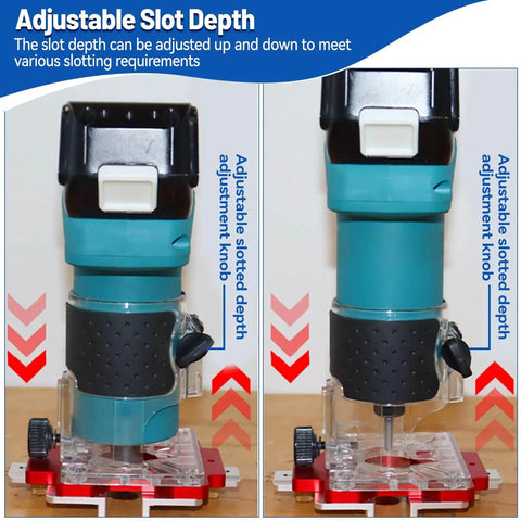 Side view of 2-In-1 Aluminum Slotting Locator For Woodworking, showing adjustable depth slotting guide on router base