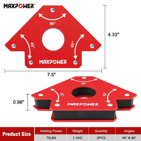 Powerful 75 Lbs Welding Magnets Set Two Piece With 45 Degree And 90 Degree Magnetic Holders shown with dimensions.