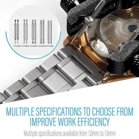 Watch Band Tool Kit With Pro Grade Spring Bar Pliers And 10 Tips Tweezers Set being used to disassemble a watch wristband.