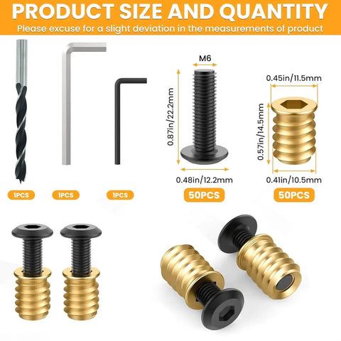 50 Sets 1/4-20 X 19/32 Inch Threaded Inserts And Bolts For Wood Hex Socket Drive Furniture Screws And Nuts Kit shown with sizes