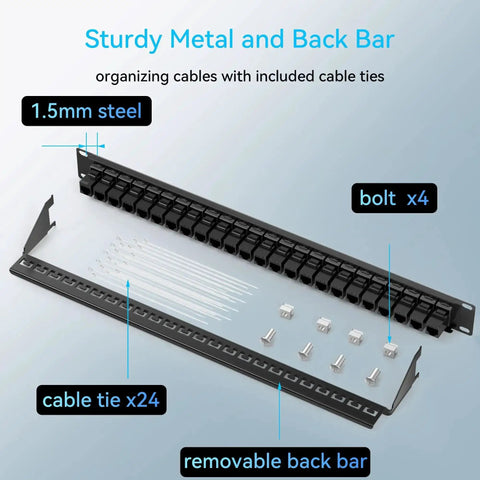 24 Port Cat6 Patch Panel With Keystone Couplers No Punch Down RJ45 Ethernet Patch Panel 1U 19 Inch showing sturdy metal back bar and accessories