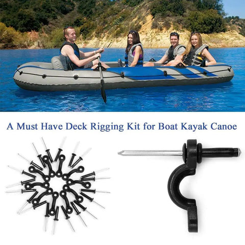 Pro Grade Kayak Pad Eye Rigging Kit With 10 Nylon Pad Eyes 20 Stainless Rivets And 20 Rubber Washers For Deck Tie Downs displayed with inflatable boat