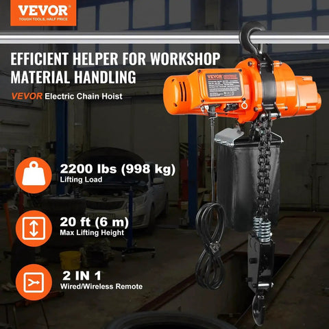 Electric Chain Hoist 2200 Lb 20 Ft Lift 120V Single Phase Remote Control in a workshop setting.