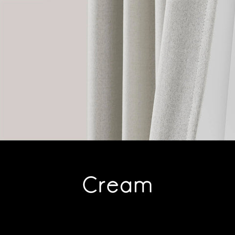 Close-up view of extra long linen blackout curtains for track system 120-inch long, cream color, with thermal backed liner.