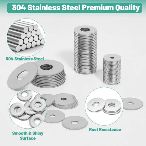 Front view of 304 stainless steel flat washers and fender washers, 225 pcs in 15 sizes, smooth shiny surface.