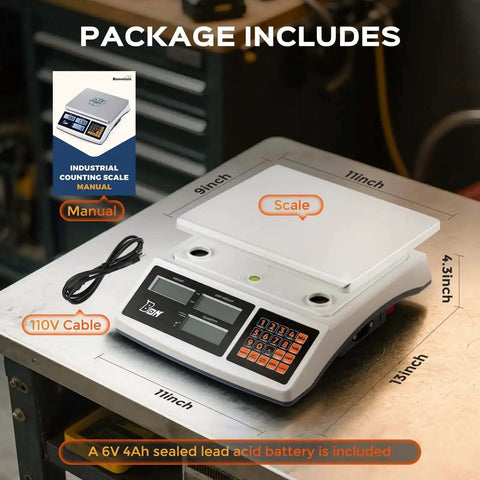 30Kg Digital Counting Scale With 0.1g Precision, Battery Powered industrial scale on a table, manual and cable included