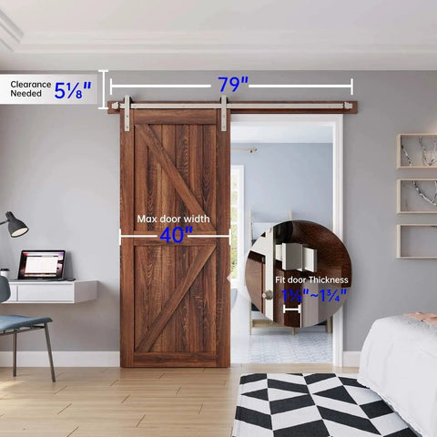 Heavy-Duty Brushed Nickel Sliding Barn Door Hardware Kit For 36-40 Inch Doors installed on a wooden door in a modern room.