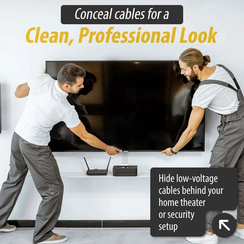 Two men installing a wall-mounted TV using a One And Three Quarters Inch Hole Saw Wall Plate With Brushes For In Wall Cable Management.
