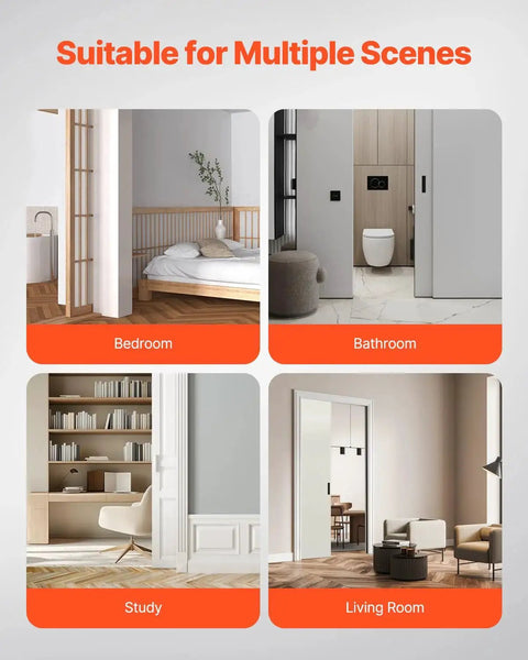 Sliding Pocket Door Hardware Track Kit With 5.73 Ft Heavy Duty Commercial Grade Track Set shown in bedroom, bathroom, study, and living room scenes.