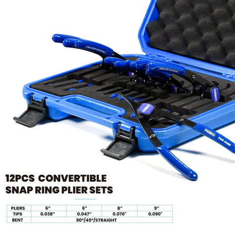 12 Piece Snap Ring Pliers Set Heavy Duty Internal External Convertible Fixed Tip Pliers with case and multiple tips visible