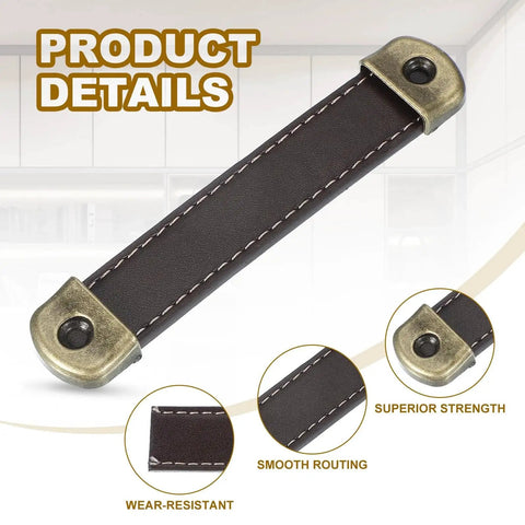 Brown PU Leather Drawer Pulls Set Of 6 With Iron Backing Plate 4.4 Inch Length 105 Mm Hole Distance, product details view