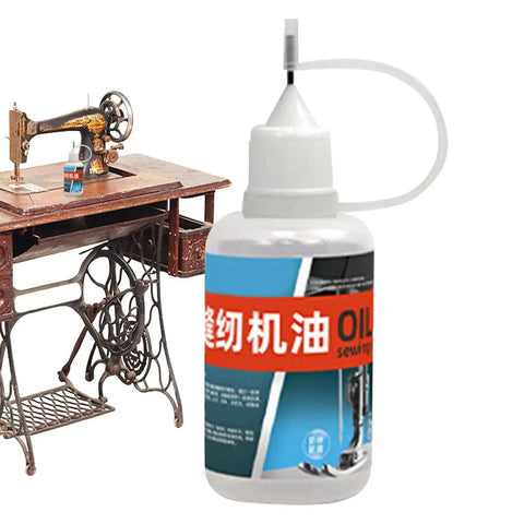 Industrial Grade High Temperature Sewing Machine Lubricant With Lightweight Formula bottle beside vintage sewing machine