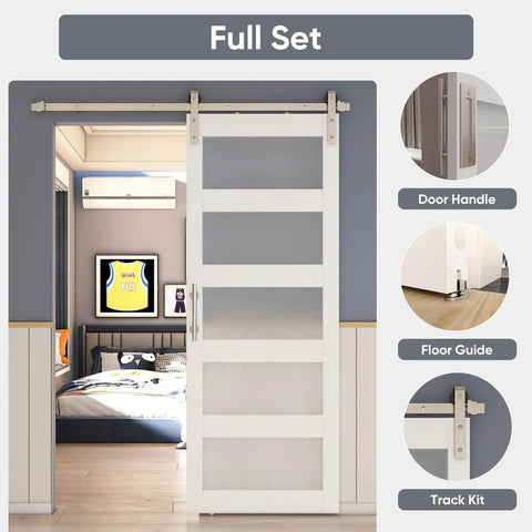 32In X 84In Frosted Glass Barn Door With 5 Panel Solid Wood Construction Waterproof PVC Surface And Scratch Resistant Finish Pre Drilled For Easy Assembly Includes Brushed Nickel Sliding Door Hardware And Handle White installed in bedroom entry