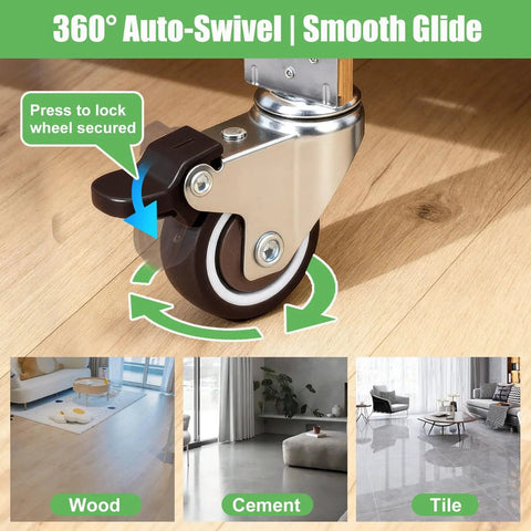 Close-up of 1 Inch Small Caster Wheels Set of 4 with L Bracket on wood floor showing 360° swivel and brake feature.