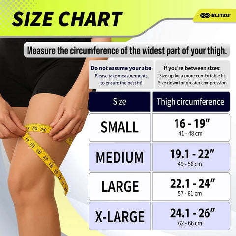 Size chart showing measurements for 1 Pair Hamstring And Quad Compression Sleeves For Men And Women Upper Leg Thigh Support Anti Slip Running And Workouts Groin And Muscle Recovery Purple XL.