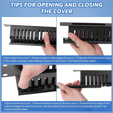 Instructions on opening and closing cover for Four Pack 19 Inch 1U Server Rack Cable Management Kit With 24 Slot Horizontal Cable Raceway Gear
