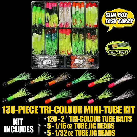 Go To Crappie Jig Kit With Tube Baits 120 Pcs Soft Plastic Crappie Lures In 12 Colors And 10 Jig Heads For Panfish And Trout Fishing In Any Conditions, displayed in an open box, showcasing lures in multiple colors and labeled jig heads.