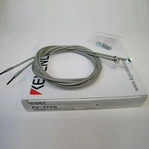 Keyence FU-77TG Transmissive Fiber Optic Sensor Switch Unit, coiled cable on packaging box, plug-and-play design for PLC