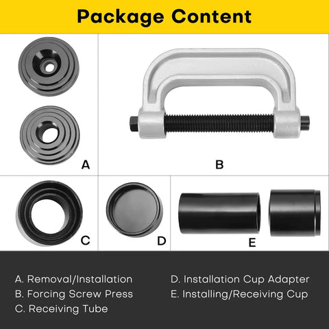 Ball Joint Press And U Joint Tool With 4x4 Adapters For Cars And Trucks package content showing C clamp, adapters, and tubes.